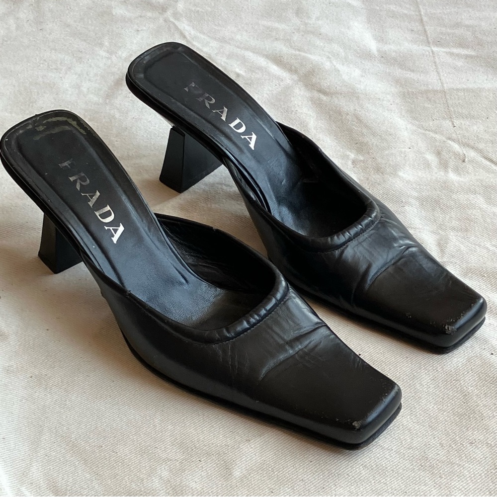 Vintage Prada Black Square-Toe Heeled Mules